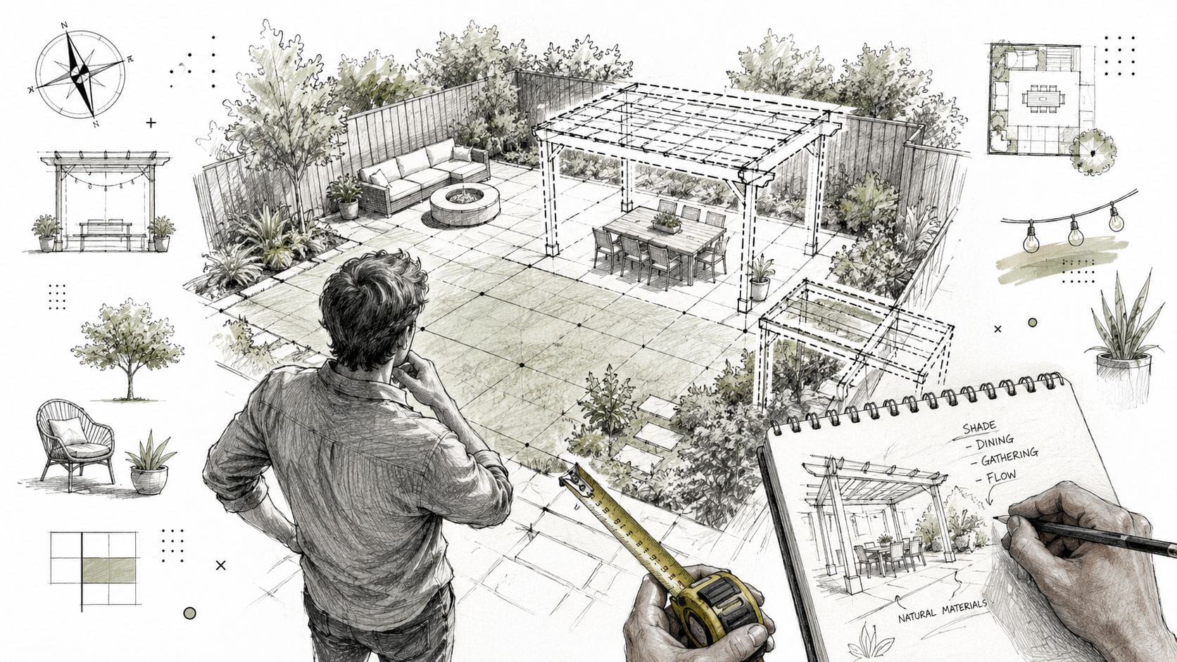 A man planning a garden renovation with a pergola, seating, and design sketches on a notepad.