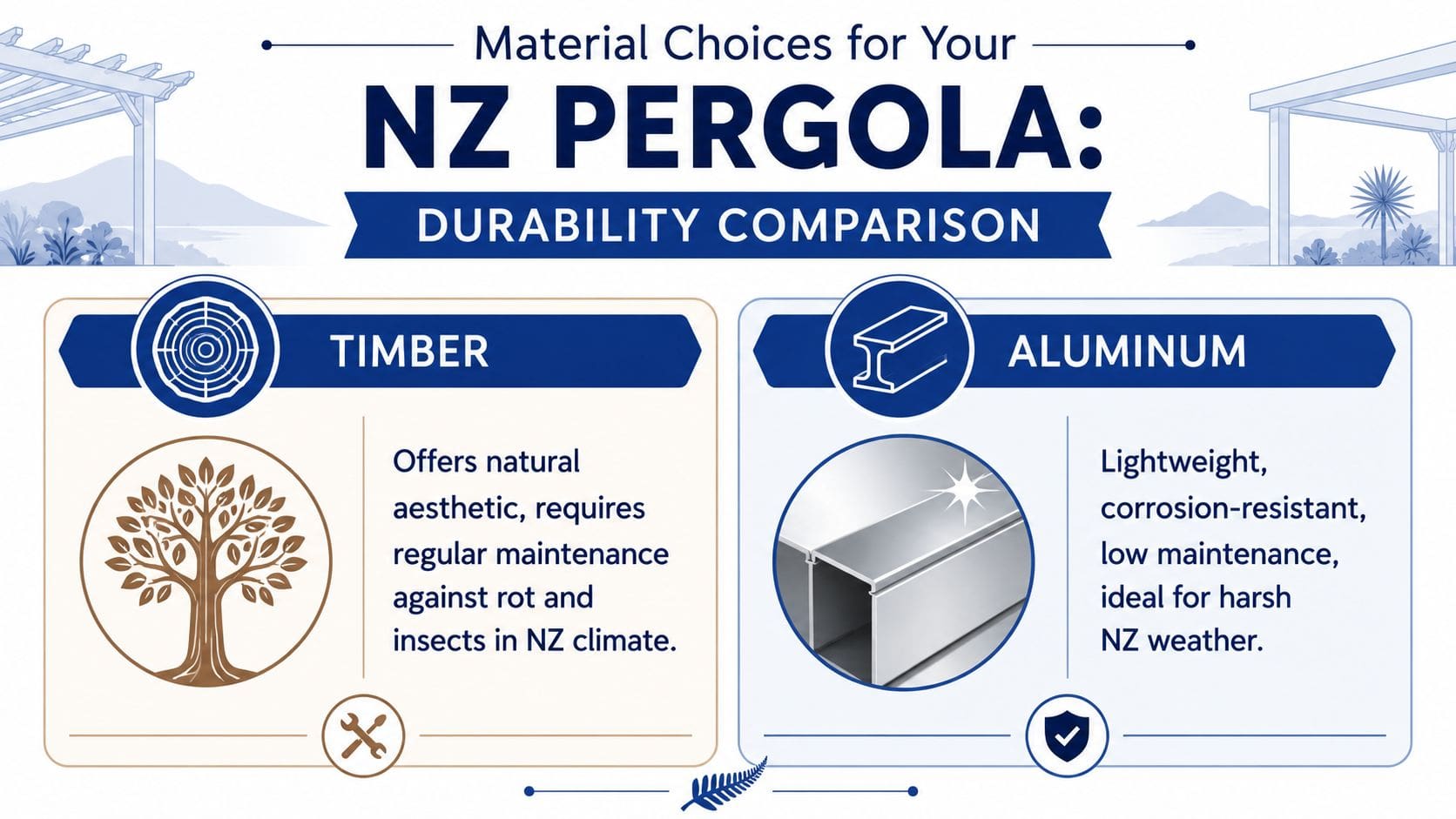 A comparison infographic showing the durability and maintenance differences between timber and aluminum for New Zealand pergolas.