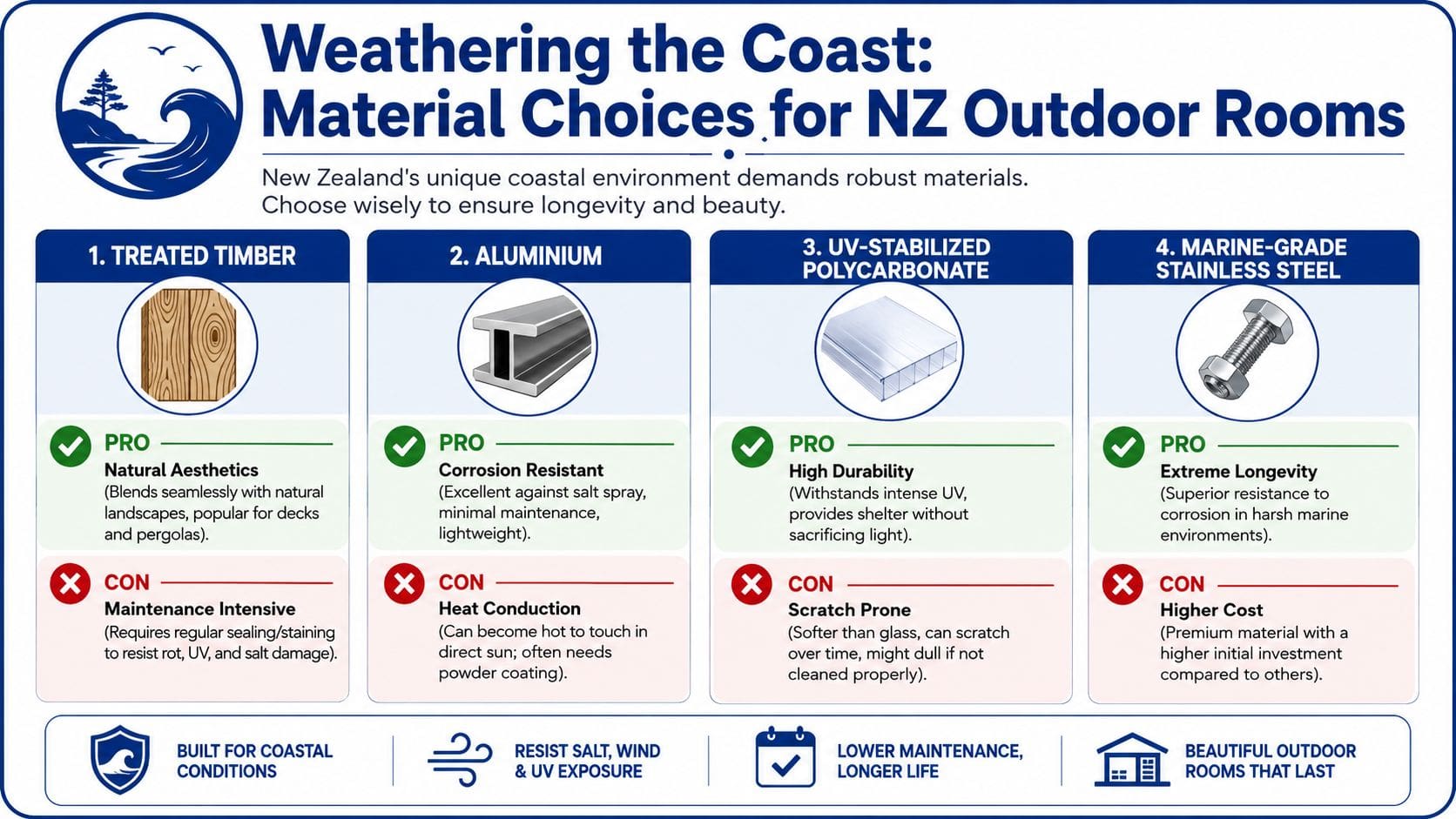 An infographic showing four suitable building materials for outdoor rooms in New Zealand's coastal climate conditions.