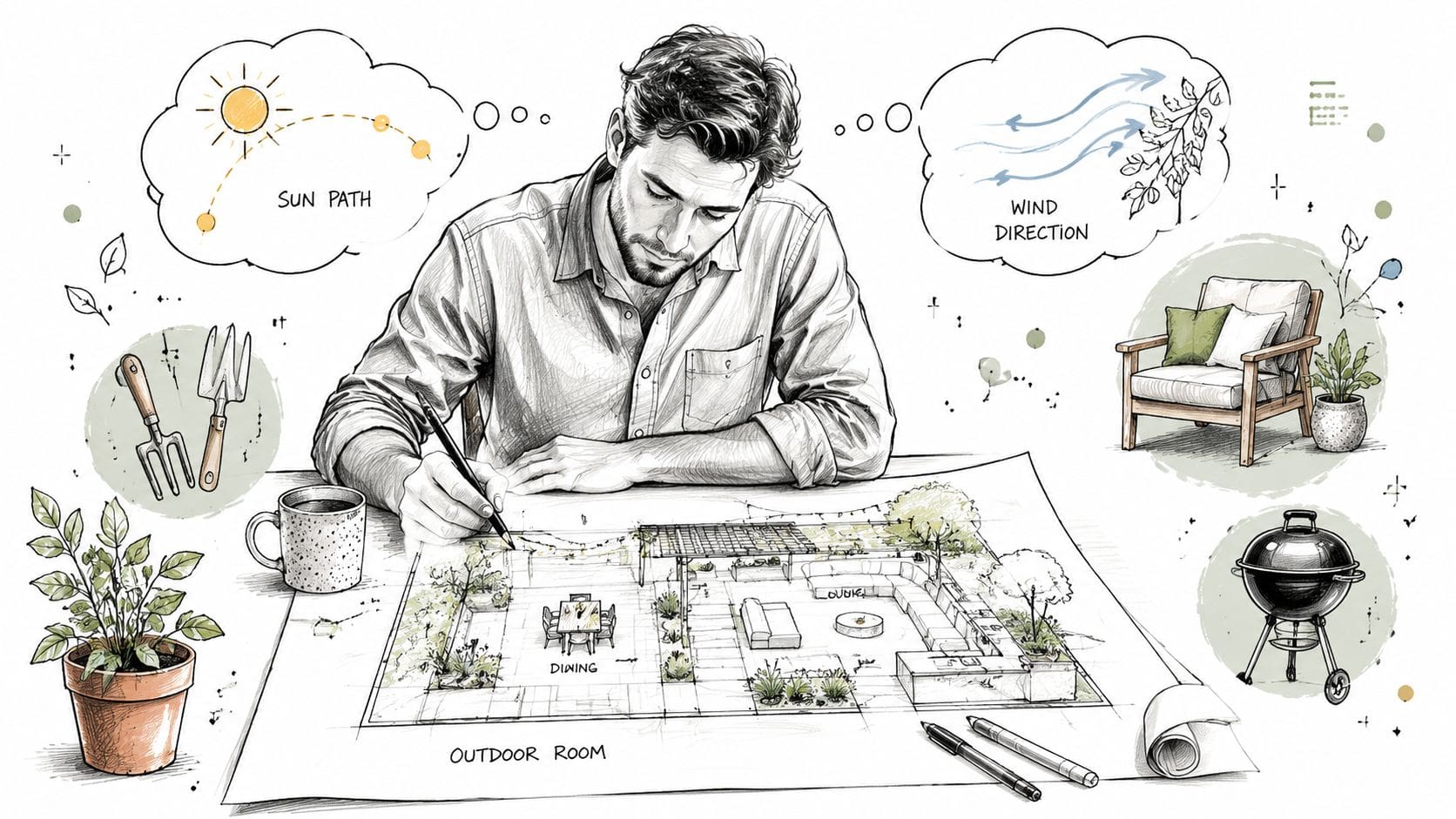 A landscape designer sketching a detailed outdoor room plan with consideration for sun path and wind direction.