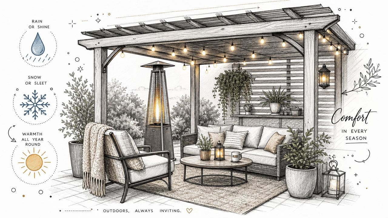 A cozy, sketched outdoor pergola living space featuring a heater, sofa, and comfortable seating for year-round enjoyment.