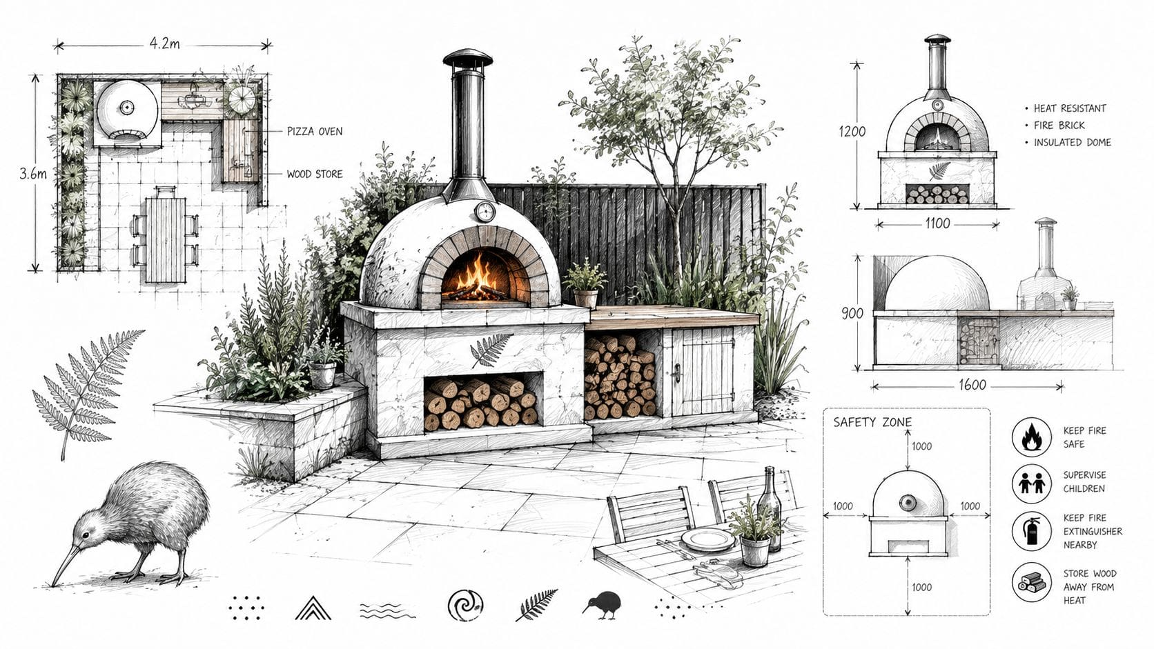 A detailed architectural sketch of an outdoor patio area featuring a stone wood-fired pizza oven installation.