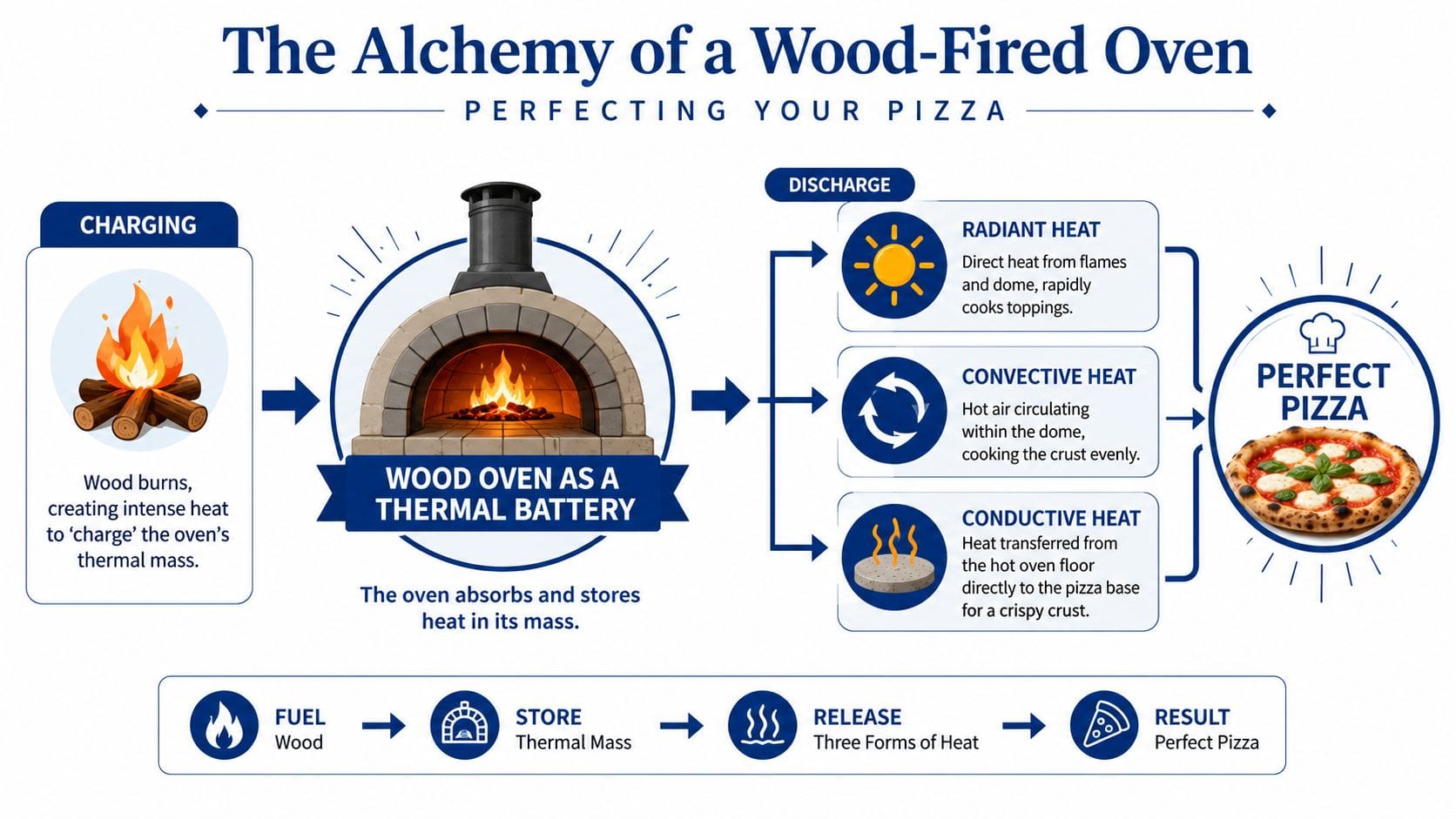 A diagram explaining how a wood-fired oven works through charging, thermal storage, and three types of heat.